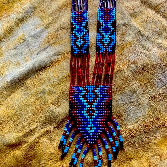 Brand New Necklace Handmade Red Blue  Rust Seed Bead Black Turquoise Lightweight - Picture 3 of 10